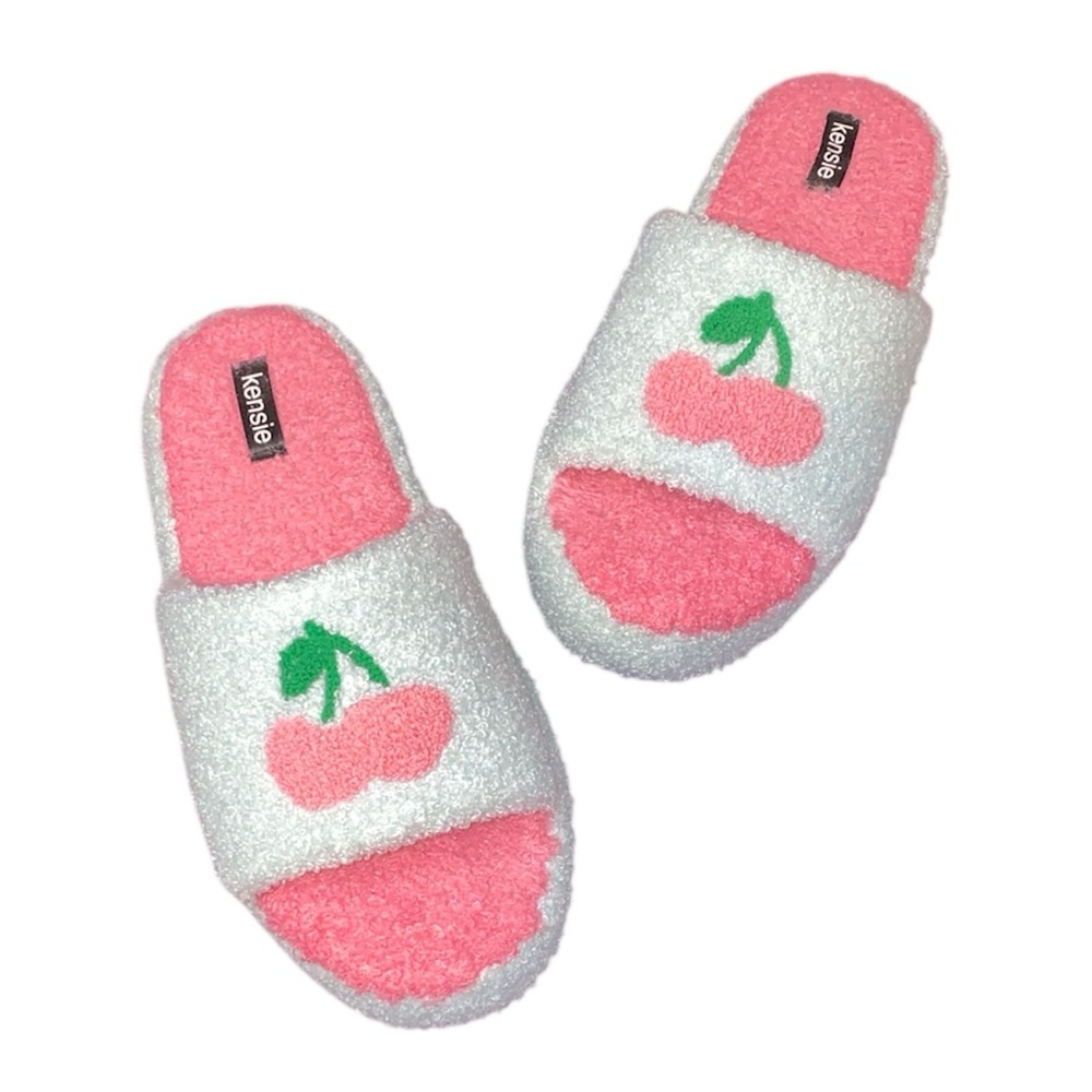 Kensie Blue/Pink Cherry Faux Fur Slippers, Size 9
